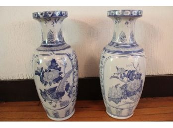 Lovely Pair Of Large Blue & White Floor Vases