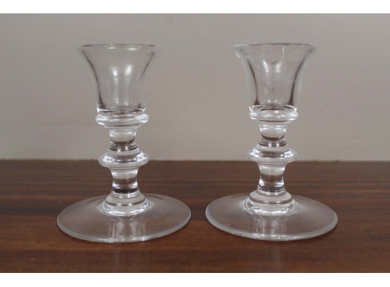 Signed Glass Candle Holders (One Is Chipped) #35650 | Auctionninja.com