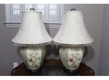 Pair Of Flower Design Table Lamps With Drop Bead Shades
