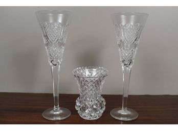 Pair Of Waterford Wedding Heirloom Toasting Flutes & Glass Vase