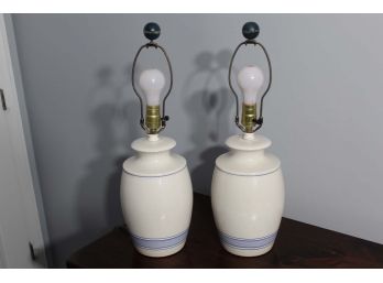 Pair Of White & Blue Jar Shaped Lamps