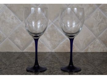 Pair Of Blue Stemmed Wine Glasses