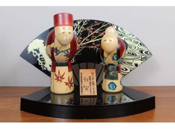 Painted Wooden Asian Figurines W/ Stand