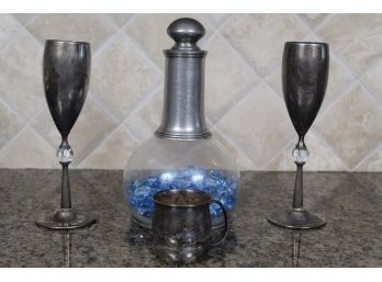 Silver Toned Decanter & Flutes With Towle Sterling Cup