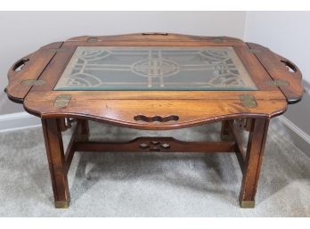 Vintage Wooden Drop Leaf Glass Top Coffee Table