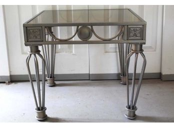 Silver Tone Square Side Table W/ Glass Top