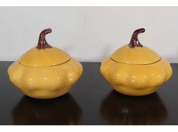 Two Crate & Barrel Ceramic Lidded Pumpkin Jars