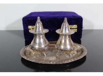 Indian Silver Salt & Pepper Shakers With Tray