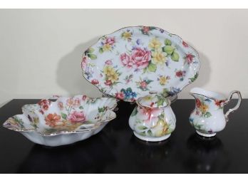 JS Imports Floral Porcelain Bowl, Tray, Sugar & Creamer