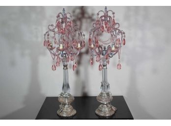 Pair Of Pink Drop Crystal Lamps