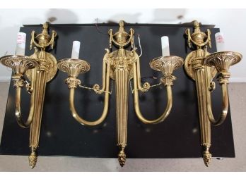 Three Gold Colored Sconces W/ White Shades