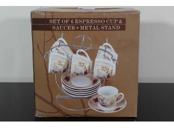 Set Of 6 Espresso Cups, Saucers & Metal Stand