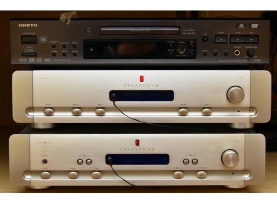 Parasound P 3 Pre-Amp/Processor Amplifier/ T3 AM/FM Tuner /Onkyo DVD Player Retail $1500  REMOTES INCLUDED