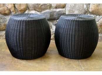 Pottery Barn Pair Of Barrel Shaped Black Wicker Side Tables 19 X 18