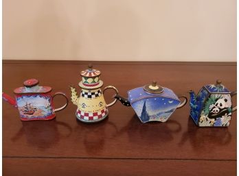 4 Kelvin Chen Handpainted Enameled Metal Miniature Teapots