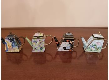 4 Kelvin Chen Handpainted Enameled Metal Miniature Teapots
