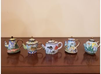 5 Kelvin Chen Handpainted Enameled Metal Miniature Teapots