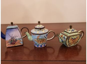 3 Kelvin Chen Handpainted Enameled Metal Miniature Teapots
