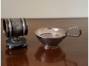 Antique Silver Plate Tea Strainer And Napkin Ring