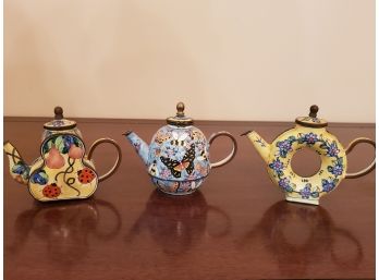 3 Kelvin Chen Handpainted Enameled Metal Miniature Teapots
