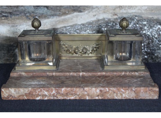 Antique Brass And Marble Double Inkwell