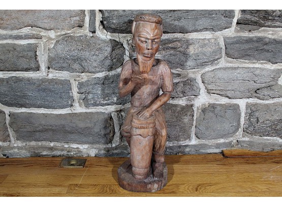 Carved Wood Man Playing Bongo Statue