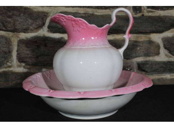 Vintage KTAK Co. Semi Vitreous Porcelain White Pink Pitcher & Bowl