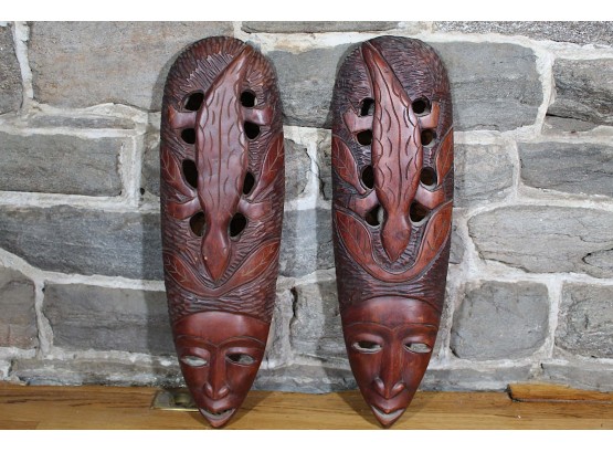 Pair Of Carved Wood Tribal Face Masks