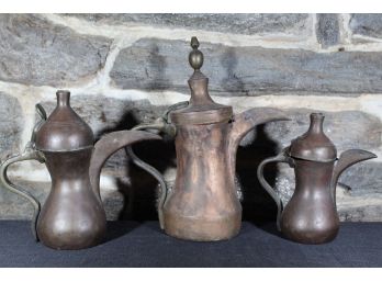 Three Vintage Metal Dallah Coffee Pots