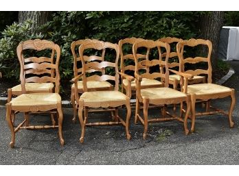 8 Pressed Back Oak Dining Chairs Including 2 Captains Chairs 20 X 18 X 39