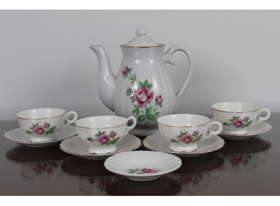 Porcelain White & Gold Trim Pink Flower Teapot, Cups, Saucers & Ashtray Made In Japan