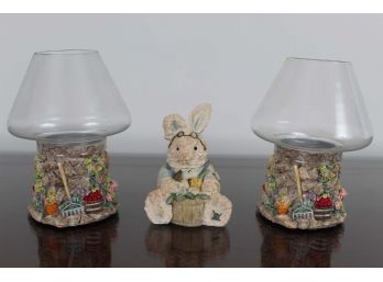 Easter Bunny & Candle Holders (One Has Crack)