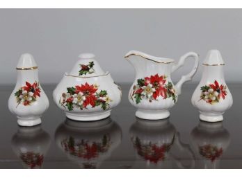 White Gold Trim Porcelain Sugar, Creamer, Salt & Pepper Shakers With Red Flower Design