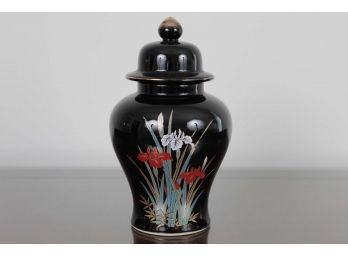 Hand Painted Black Floral Japanese Covered Urn