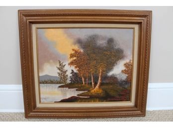 Framed Trees & Lake Oil Painting 27 X 23.5