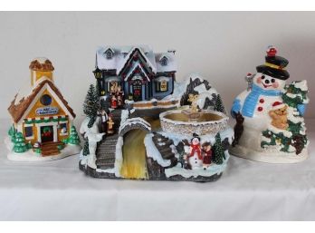 Lighted Christmas House, Fountain, Snowman & Nikko Candle Lamp
