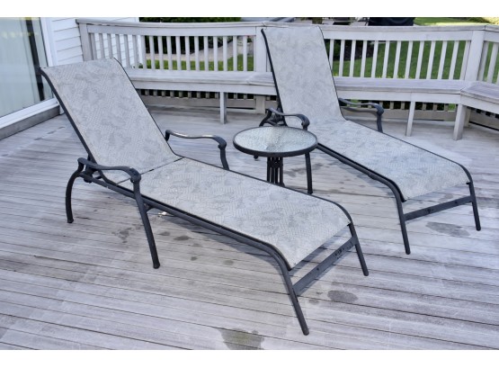 Pair Of Outdoor Chaise Lounge Chairs And Table