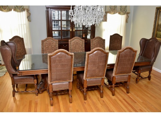 Outstanding Flame Mahogany Dual Pedestal Dining Table With Leather With 10 Nailhead Chairs