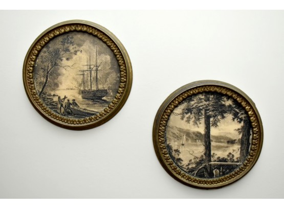 Pair Of 10' Round Etched Framed Pictures