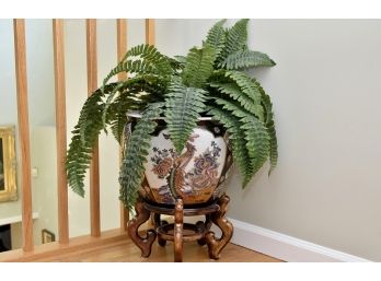 Asian Flower Pot With Stand And Faux Plant