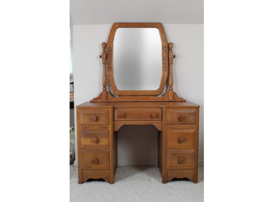 Solid Oak Vintage Dresser & Mirror Combo (Item Upstairs, Bring Help To Remove)