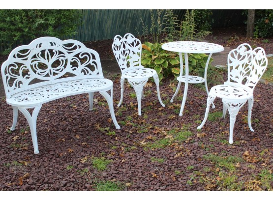 White Cast Iron Patio Bench, Table & Chairs