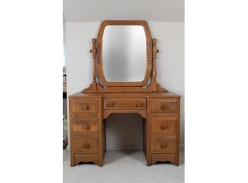 Solid Oak Vintage Dresser & Mirror Combo (Item Upstairs, Bring Help To Remove)