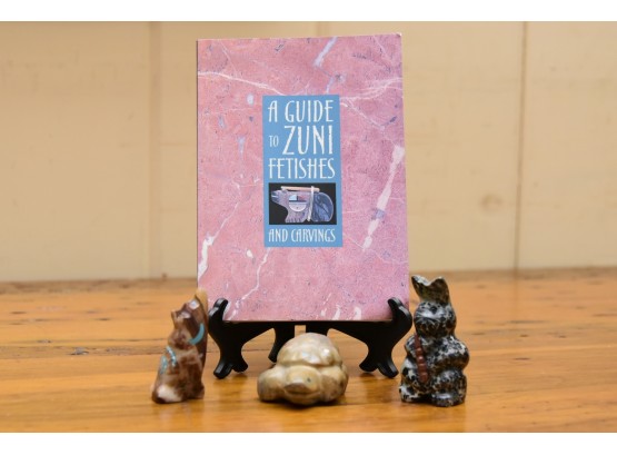 Zuni Fetish Polished Marble And Turquoise Figures With Fetish Book