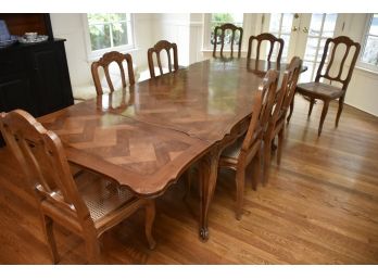 Vintage Oak Dining Room Table & 8 Rush Seat Chairs