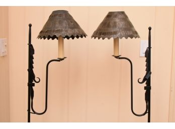 Pair Adjustable Wrought Iron 58' Tall Floor Lamps
