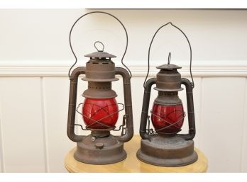 Pair Of Antique 'Dietz' Train Lanterns With Red Glass Globes