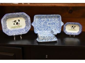 Blue And White Spongeware Cow Plates