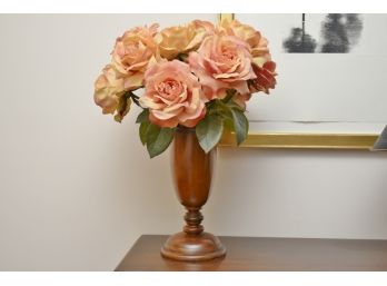 Carved Wood Vase With Faux Roses