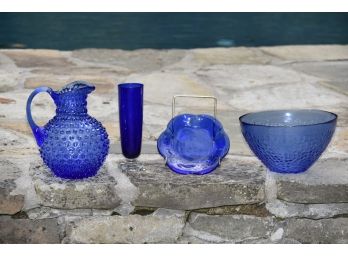 Collection Of Blue Glass Including Hobnail And Bohemian Glass